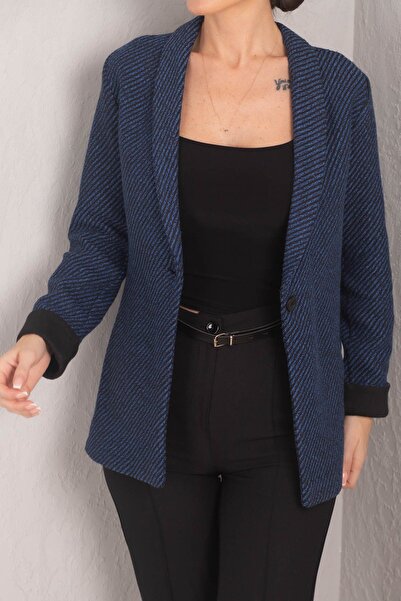 armonika Ženska jakna Kobalt plava Prugasto sa jednim dugmetom Kašmir tkanina...