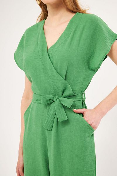 armonika Women's Green Deka Jumpsuit Double Breasted Collar Belted Pocket Sleeveless ARM-24Y001031