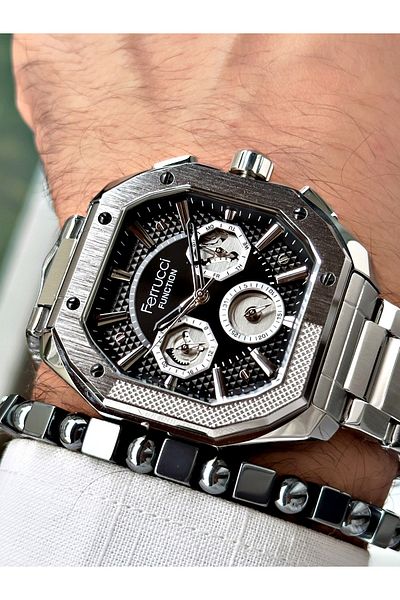 Ferrucci men's Silver Colored Square Function Steel Wrist Watch and Bracelet Gift