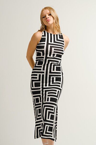 armonika Rochie neagră de damă, cu decolteu roșu, fără mâneci, lungă cu fantă, braț-23y001090