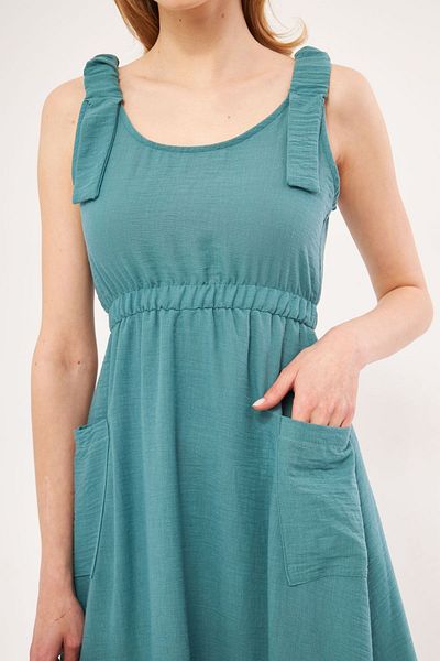 armonika Dámske tyrkysové šaty Dekatria s elastickým pásom a popruhmi a vreckami Ľanový vzhľad Midi Veľkosť ARM-24Y001034