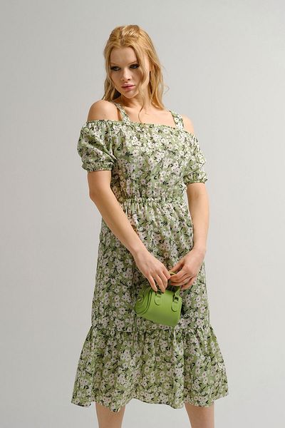 armonika Women's Green Patterned Elastic Waist Strap Dress Arm-23y001053