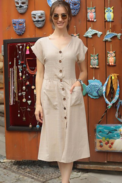 armonika Γυναικείο μπεζ φόρεμα με κουμπιά τσέπης μπροστά ARM-18Y001138