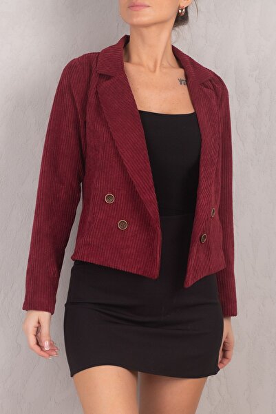 armonika Women's Burgundy Double Breasted Collar Velvet Crop Jacket ARM-24K00...