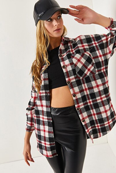 armonika Cămașă oversize cu buzunar pentru femei, cu model în carouri burgund...