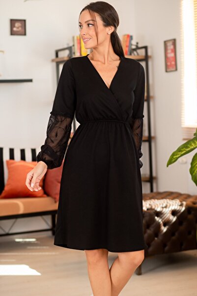 armonika Γυναικείο μαύρο φόρεμα με τούλι γιακά με διπλό στήθος με μπαλόνι ARM...