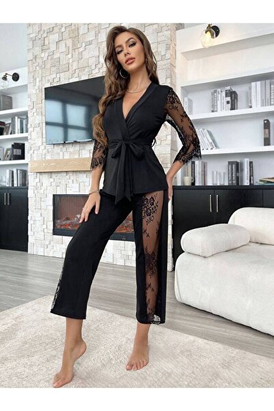 Cesur Lace Sleeve and Side Tulle Dressing Gown Waist Tied Women's Pajamas CSR