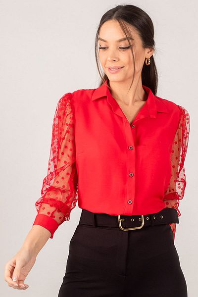 armonika Women's Red Sleeves Tulle Shirt Arm-20K001068
