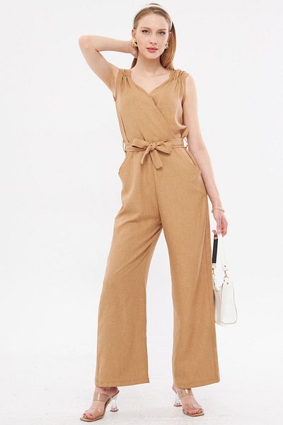 armonika Light Mink Long Women's Jumpsuit with Double Breasted Collar and Shoulder Detail - V Belted, ARM-24Y001049
