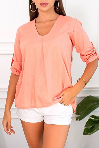 armonika Γυναικεία μπλούζα επωμίδα με λεπτομερή μανίκια σολομό V-λαιμόκοψη AR...