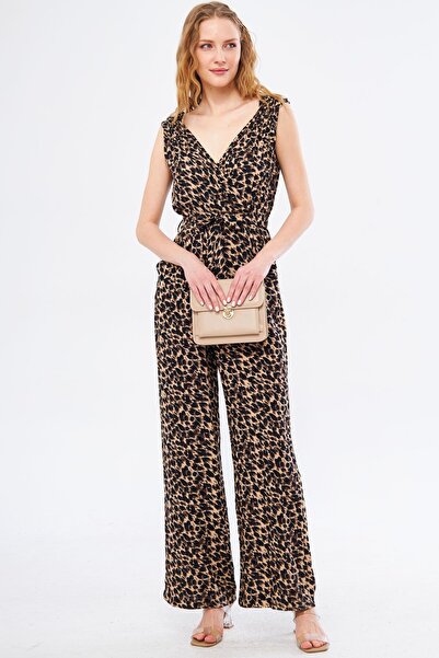 armonika Női világosbarna Ikosienna jumpsuit duplasoros gallér váll gumi részletes hát V öves ARM-24Y001049