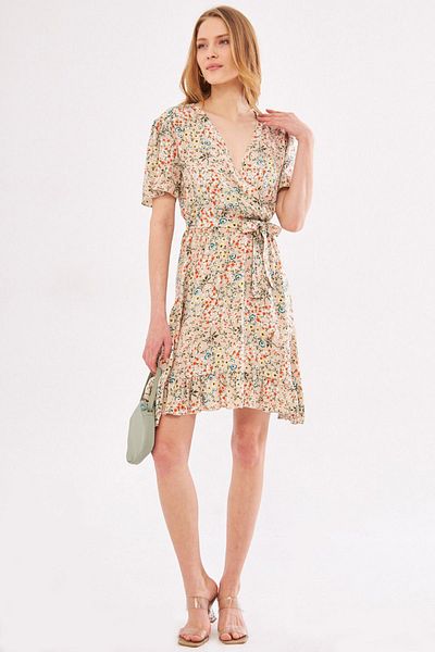 armonika Beiges Tessera-Kleid für Damen, zweireihig, Kragen, Rock, Rüschen, gemustert, Minigröße ARM-24Y001024