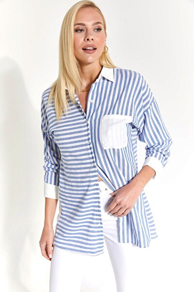 armonika Kadın Mavi Sırt Detaylı Asimetrik Çizgili Oversize Gömlek