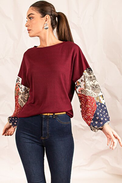 armonika Γυναικεία μπορντώ μανίκια πλεκτή μπλούζα με σχέδιο μπαλόνι ARM-20K081001