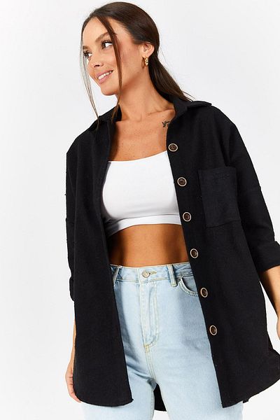 armonika Dámská černá oversize prošívaná kapsová košile-22Y001156