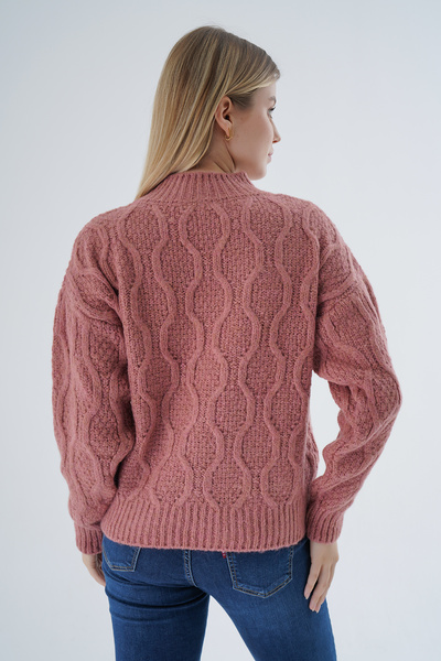 Trist Star Kadın Gül Kurusu Oversize Yarım Balıkçı Yürütme Petek Örgü Yün Özel İplik Triko Örme Kazak