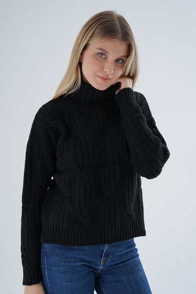 Trist Star Pulover negru supradimensionat pentru femei - cu gât țesut, păr împletit, lână TRIST-6159