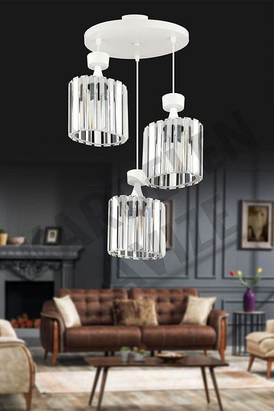 Kraliçe 3-Piece White Crystal Stone Pendant Lamp - Luxury Chandelier
