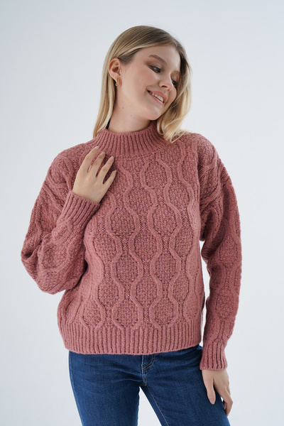 Trist Star Kadın Gül Kurusu Oversize Yarım Balıkçı Yürütme Petek Örgü Yün Özel İplik Triko Örme Kazak