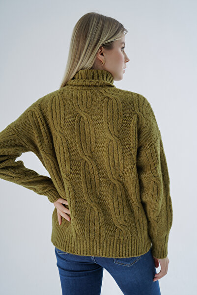 Trist Star Γυναικείο πλεκτό πουλόβερ σε χρώμα ελιάς - ζιβάγκο, πλεκτά μαλλιά, μαλλί TRIST-6159