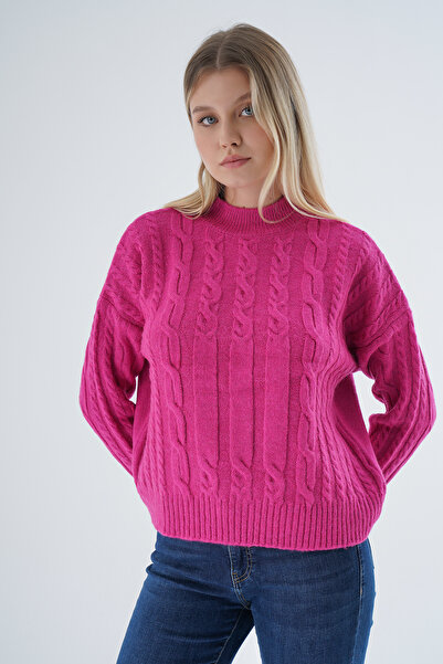 Trist Star سترة فوشيا كبيرة الحجم نصف صوف صياد السمك - شعر محبوك، TRIST-6158