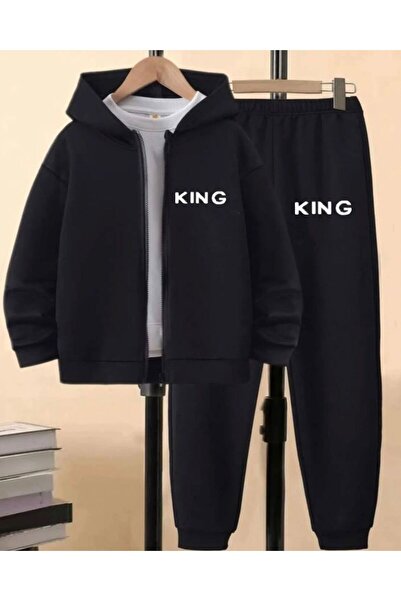 Renna Mood Black King Printed Cardigan and Sweatpants Set for Girls/Boys