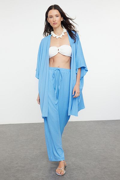 Trendyol Collection Blue Wrapped Woven Kimono and Trousers Set - TBESS23AU00149