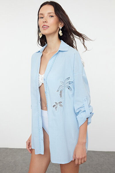 Trendyol Collection 100% Cotton Embroidered Blue Shirt - TBESS24GO00045