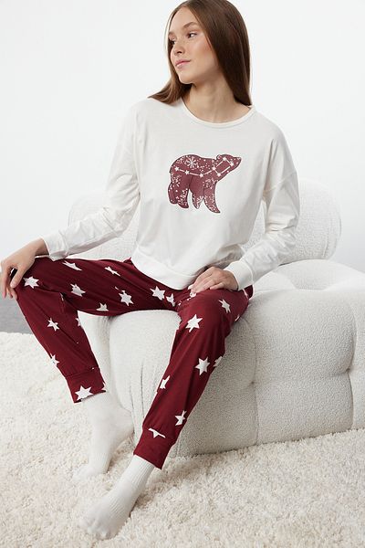 Trendyol Collection Star Patterned Claret Red Cotton Pyžama Set - THMAW21PT0241
