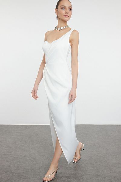 Trendyol Collection Λευκό σατέν υφαντό κομψό βραδινό φόρεμα Νυχτερινό φόρεμα αποφοίτησης TPRSS24EL00289