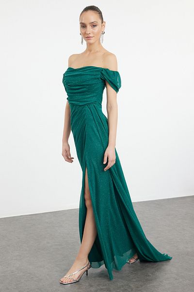 Trendyol Collection Emerald Green Plain Woven Maxi Evening Dress & Homecoming Dress