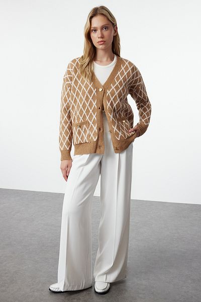 Trendyol Collection Μπεζ πλεκτή ζακέτα με λεπτομέρεια glitter - απαλή υφή TWOAW25HI00050