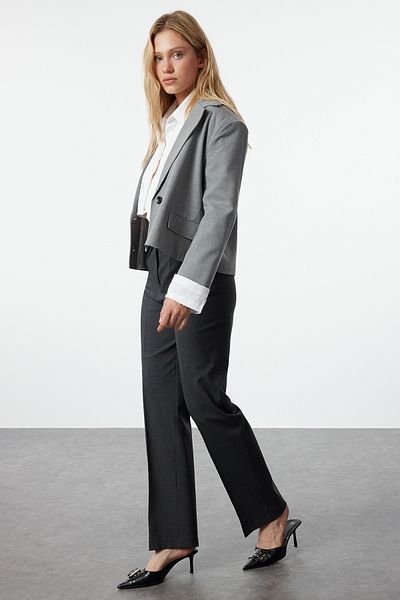 Trendyol Collection Anthracite Pleated Elastic Back Straight/Straight Cut Woven Fabric Pants Twoaw25Pl00048