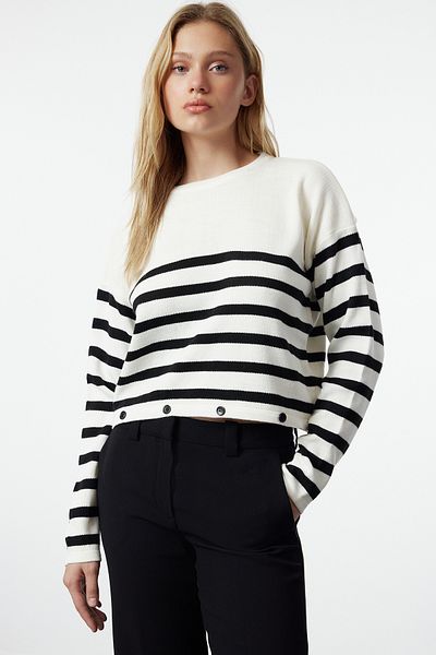 Trendyol Collection Functional Button Detailed Ecru Striped Sweater - TWOAW25KZ00223