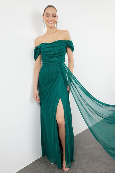 Trendyol Collection Emerald Green Plain Woven Maxi Evening Dress & Homecoming Dress