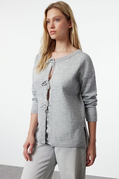 Trendyol Collection Gray Knitwear Sweater and Cardigan - Soft Texture, Ribbon/Bow Detail Twoaw25Kz00159