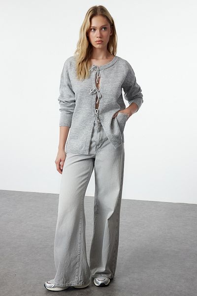 Trendyol Collection Gray Knitwear Sweater and Cardigan - Soft Texture, Ribbon/Bow Detail Twoaw25Kz00159