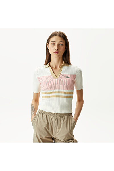 Lacoste Tricotaje albe pentru femei slim fit bloc de culoare
