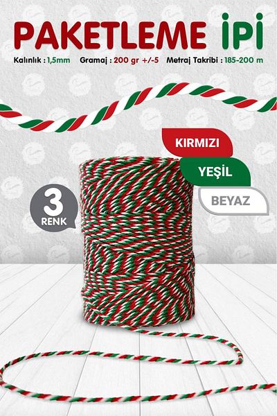 t tuğset etiket 3 Color Rope Packaging - Red, White, Green 200 Mt-kp084