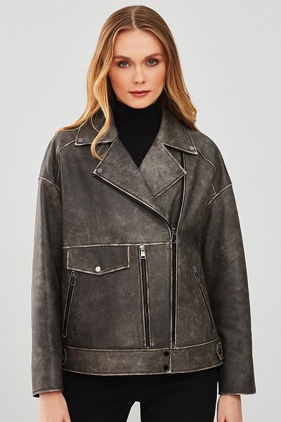 Derimod Delano Women's Gray Oversize Biker Leather Jacket - Vintage 23wgd5157g6
