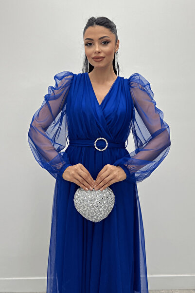 giyimmasalı Φόρεμα από ύφασμα από τούλι με διπλό γιακά με πέτρινη ζώνη - SAKS BLUE