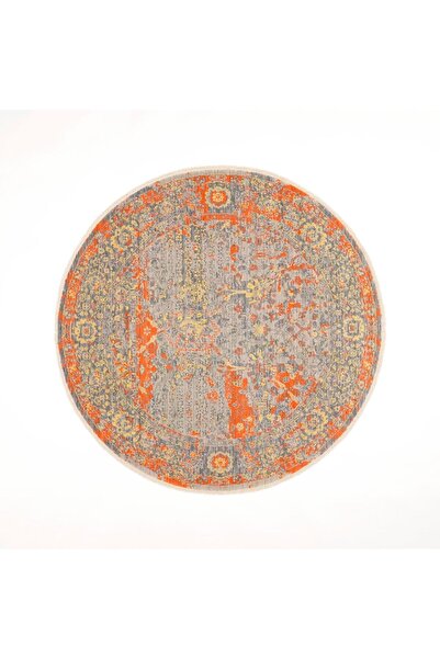 Halıcızade Tempus Serisi Vintage Desenli Yün Gri/Turuncu Yuvarlak Özel Tezgah Halısı