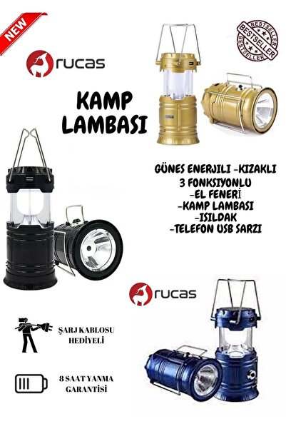 Rucas Şarjlı Kamp Lambası Güneş Enerjili Kızaklı Kamp Feneri Led Lamba Işılda...