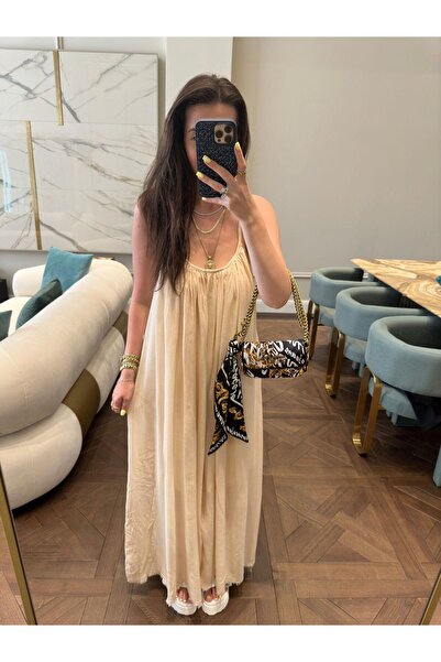CKBUTİK Bej Askılı Büzgülü Natural Elbise