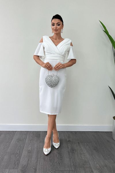 giyimmasalı White Atlas Fabric - Gather Detailed Pencil Dress