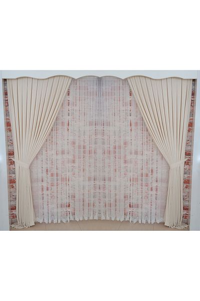 FİGENSİ Beige Velvet Curtain - Double Blades, 1/3 Close Pleated Sewing V-02