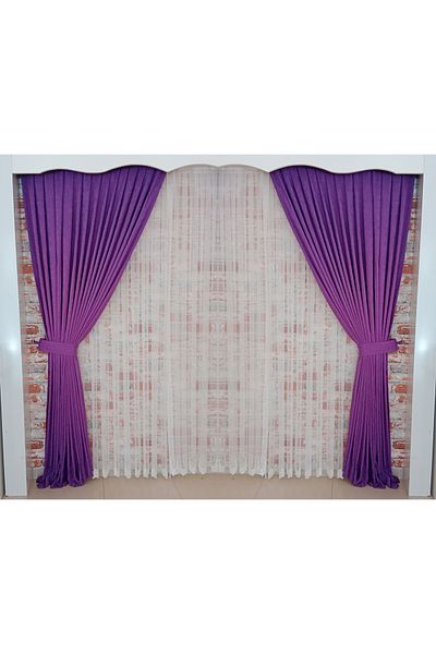 FİGENSİ Lilac Color Background Velvet Curtain Double Wing 1/3 Close Pleated Planting V-36