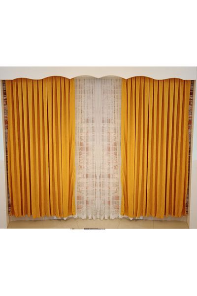 FİGENSİ Double Winged Mustard Yellow Velvet Curtain - Tight Pleated Planting V-16