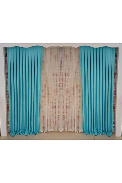 FİGENSİ Turquoise Color Background Velvet Curtain Double Wing 1/3 Close Pleated Planting V-22