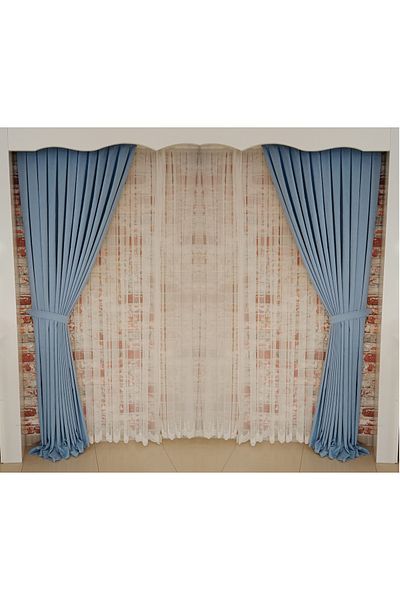 FİGENSİ Baby Blue Velvet Curtain - Double Wings, Close Pleated, V-32 Model